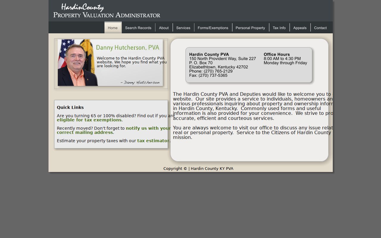 Hardin County PVA property search landing page for Elizabethtown records