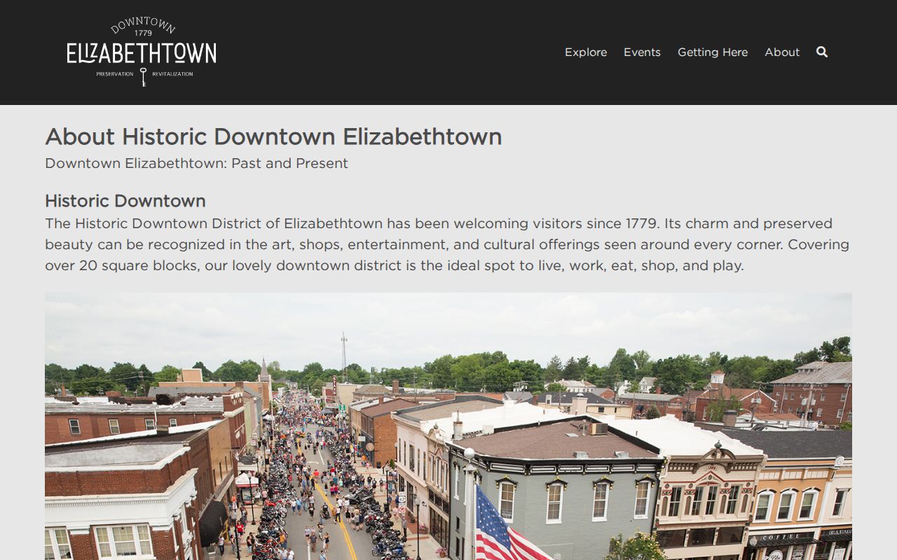 Downtown Elizabethtown organization page describing the historic downtown district