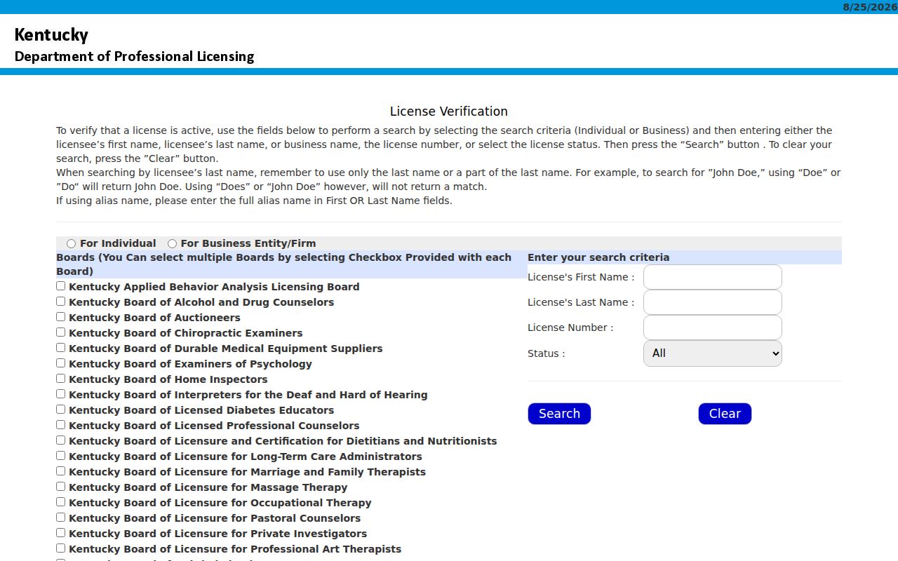 Elizabethtown resident lookup Kentucky professional license search